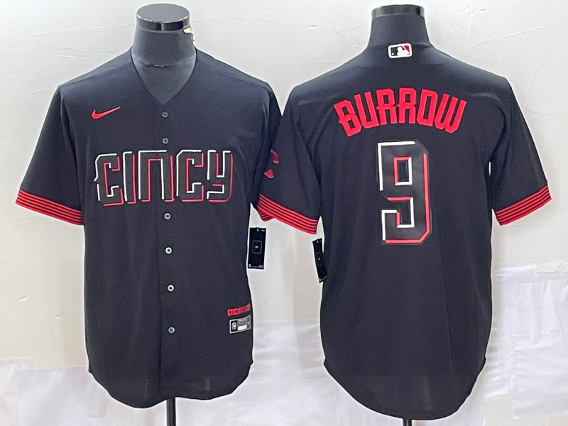 Men's Cincinnati Reds Joe Burrow #9 Black 2023 City Connect Replica Player Jersey1 baseball jersey product view 1