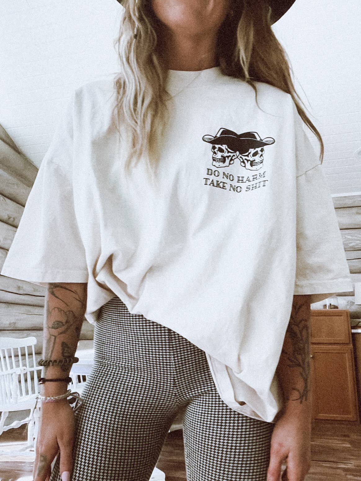 Do No Harm Take No Shit Cowboy Skelly Graphic Tee - Ivory Unisex T-shirt, Sweatshirt, Hoodie, Long Sleeve Tee - T-Shirt, Sweatshirt, Hoodie