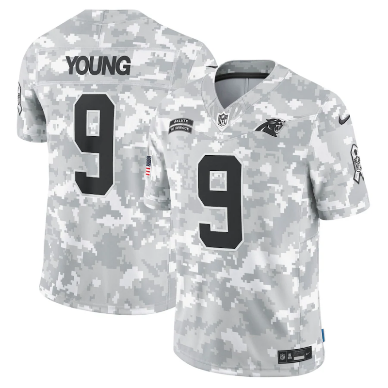 Men's Carolina Panthers Bryce Young #9 Arctic Camo 2024 Salute to Service Limited Jersey1 football jersey product view 1