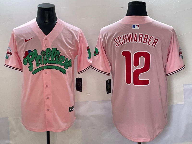 Men's Philadelphia Phillies Kyle Schwarber #12 Pink Replica Player Jersey baseball jersey product view 1