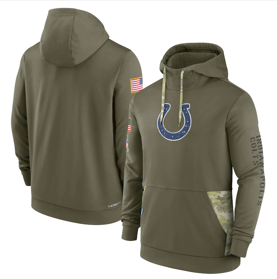 Men's Indianapolis Colts Olive 2022 Salute to Service Therma Performance Pullover Hoodie football jersey product view 1