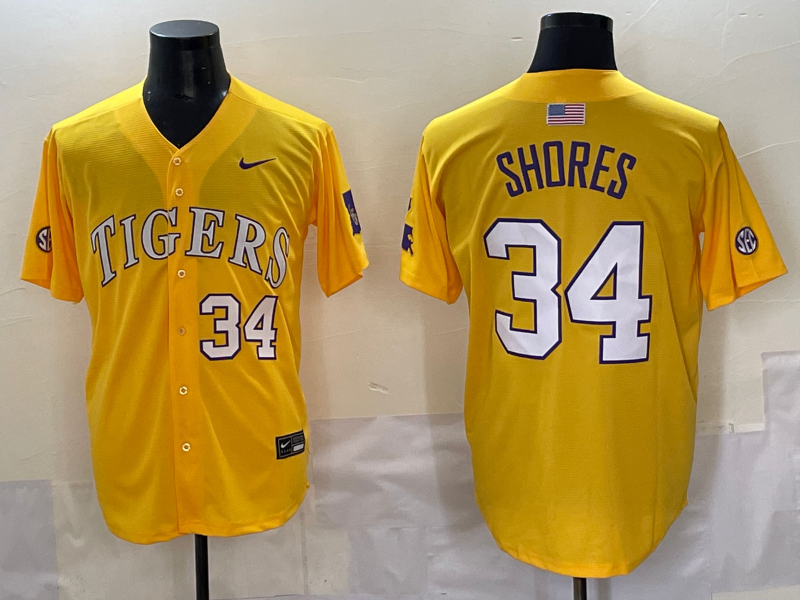 Men's LSU Tigers Chase Shores #34 Yellow Replica Player Jersey sports jersey product view 1