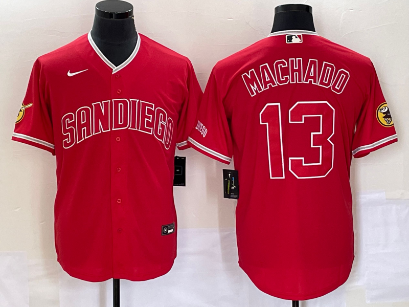 Men's San Diego Padres Manny Machado #13 Red Replica Player Jersey baseball jersey product view 1
