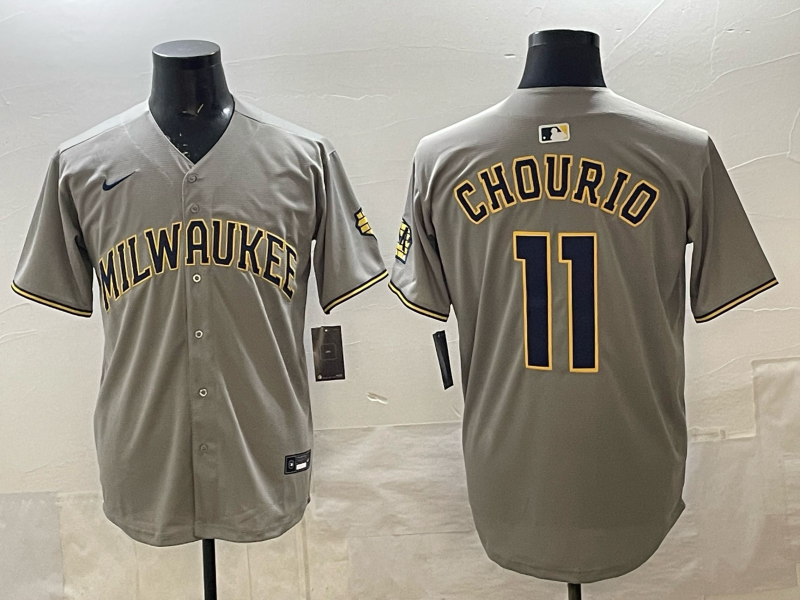 Men's Milwaukee Brewers Jackson Chourio #11 Grey Replica Player Jersey baseball jersey product view 1