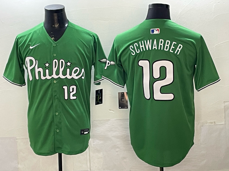Men's Philadelphia Phillies Kyle Schwarber Green Replica Player Jersey baseball jersey product view 1