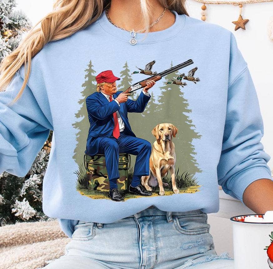 Duck Hunting Camo Pattern with Black Labrador Trump Hunt Unisex T-shirt, Sweatshirt, Hoodie, Long Sleeve Tee - T-Shirt, Sweatshirt, Hoodie