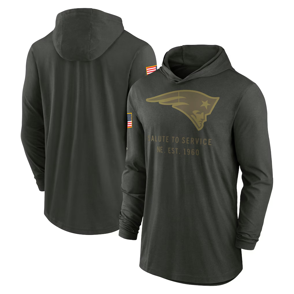 Men's New England Patriots Forest Green 2025 Salute to Service Sideline Dri-FIT Lightweight Hooded Pullover football jersey product view 1