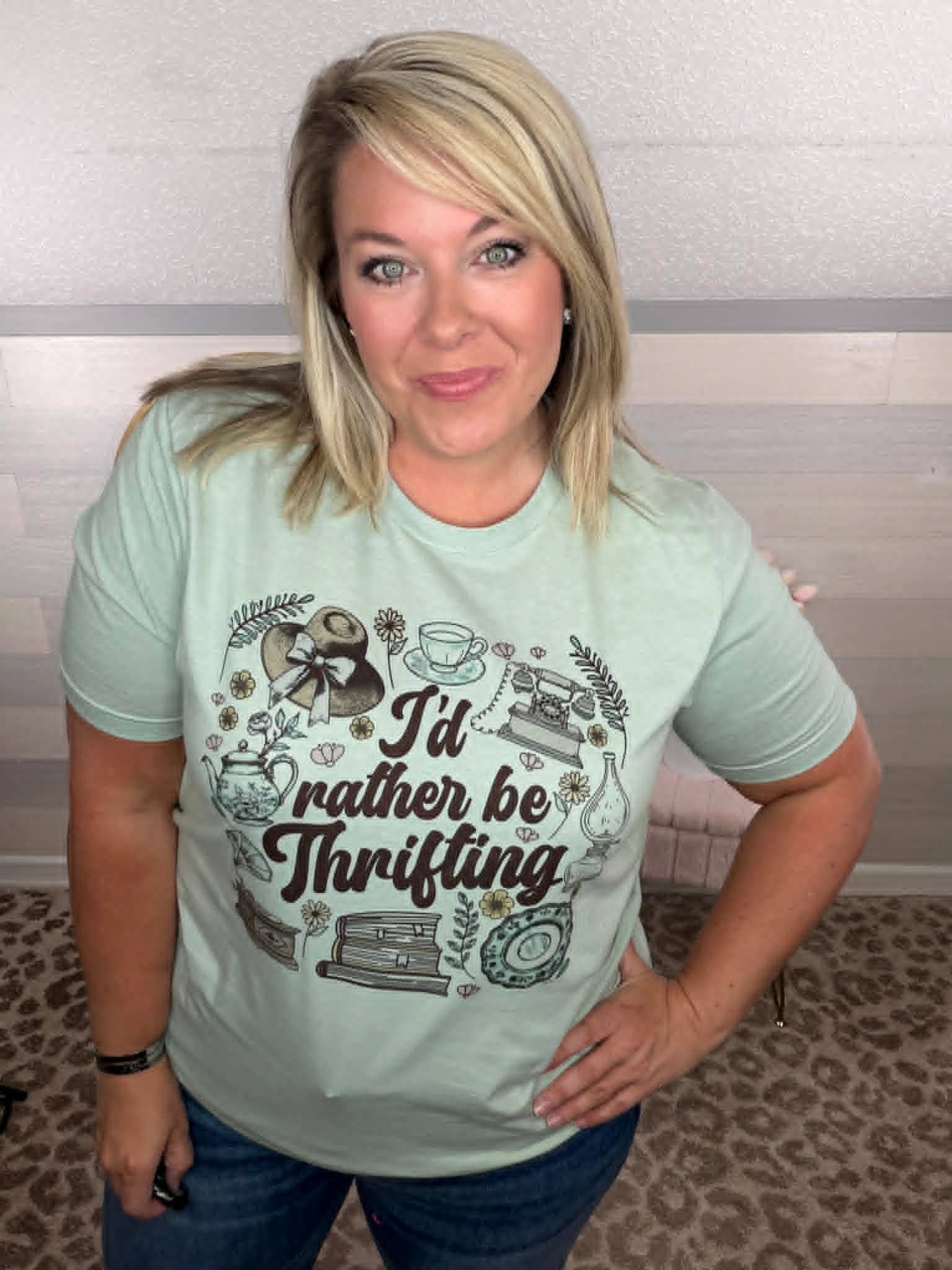 Vintage Rather Be Thrifting Collage Dusty Blue Graphic Tee Unisex T-shirt, Sweatshirt, Hoodie, Long Sleeve Tee - T-Shirt, Sweatshirt, Hoodie