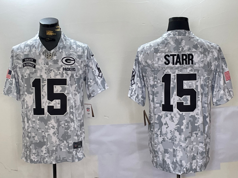 Men's Green Bay Packers Bart Starr Arctic Camo 2024 Salute to Service Limited Jersey football jersey product view 1