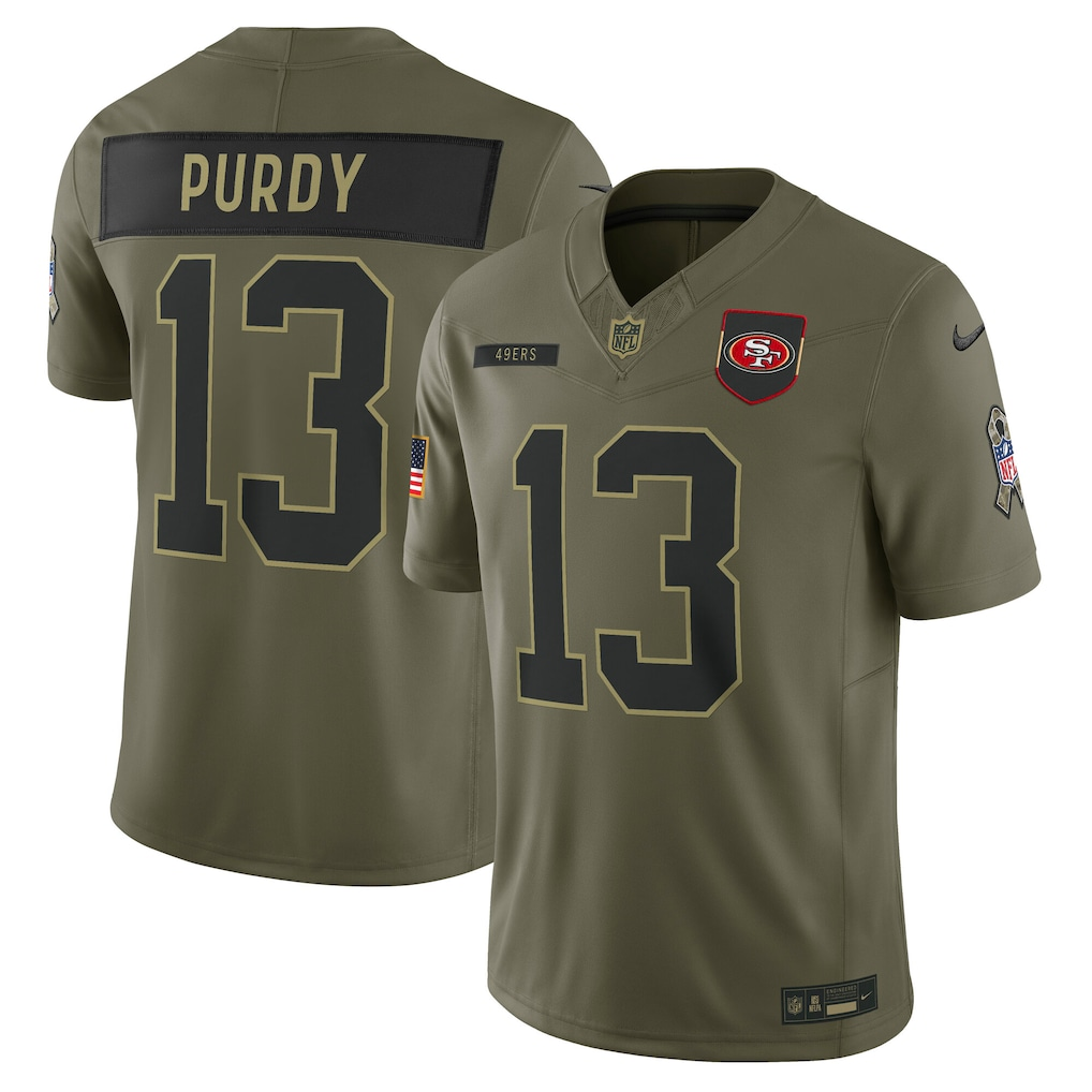 Men's San Francisco 49ers Brock Purdy Olive 2025 Salute to Service Limited Jersey football jersey product view 1