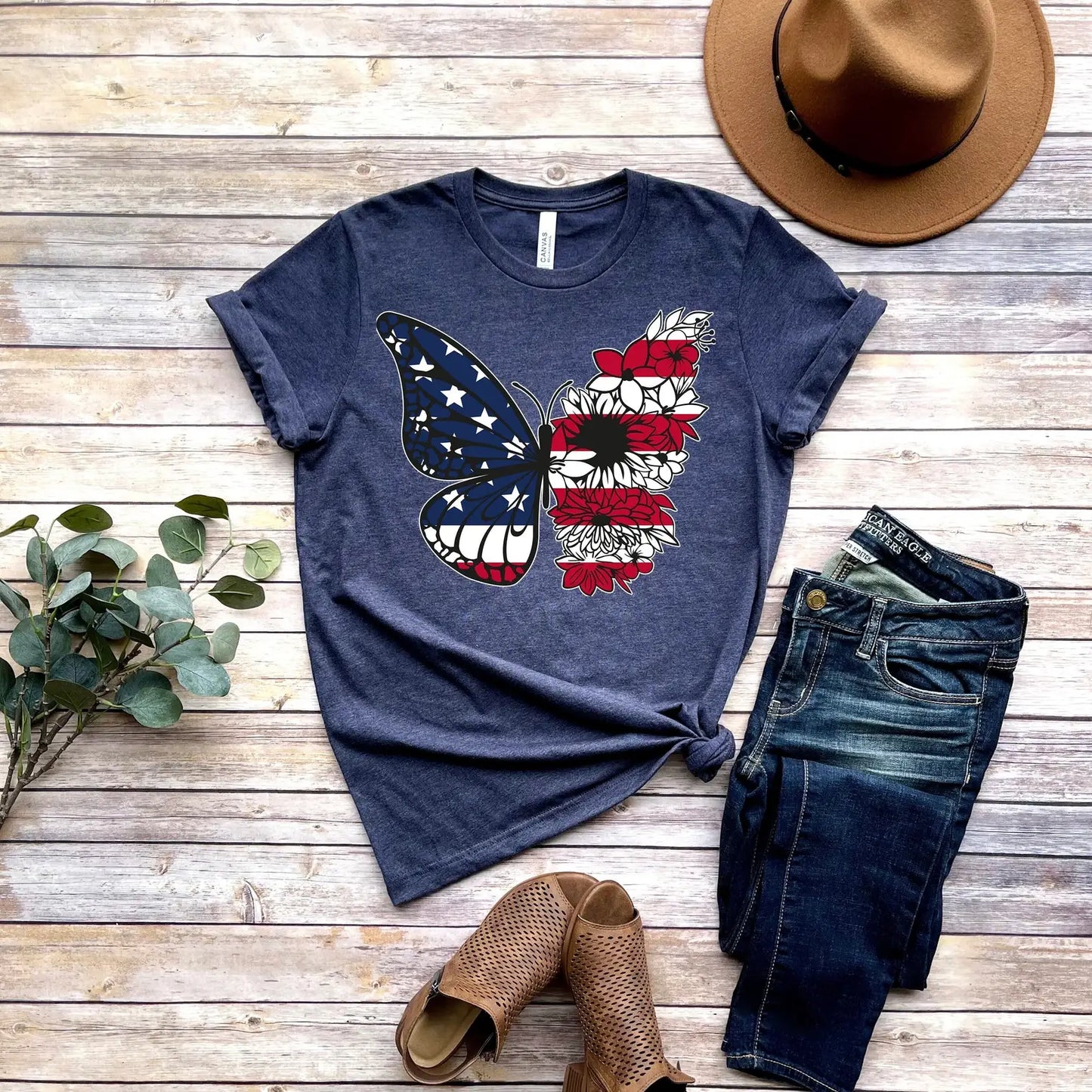 USA Floral Butterfly T-Shirt Unisex T-shirt, Sweatshirt, Hoodie, Long Sleeve Tee - T-Shirt, Sweatshirt, Hoodie