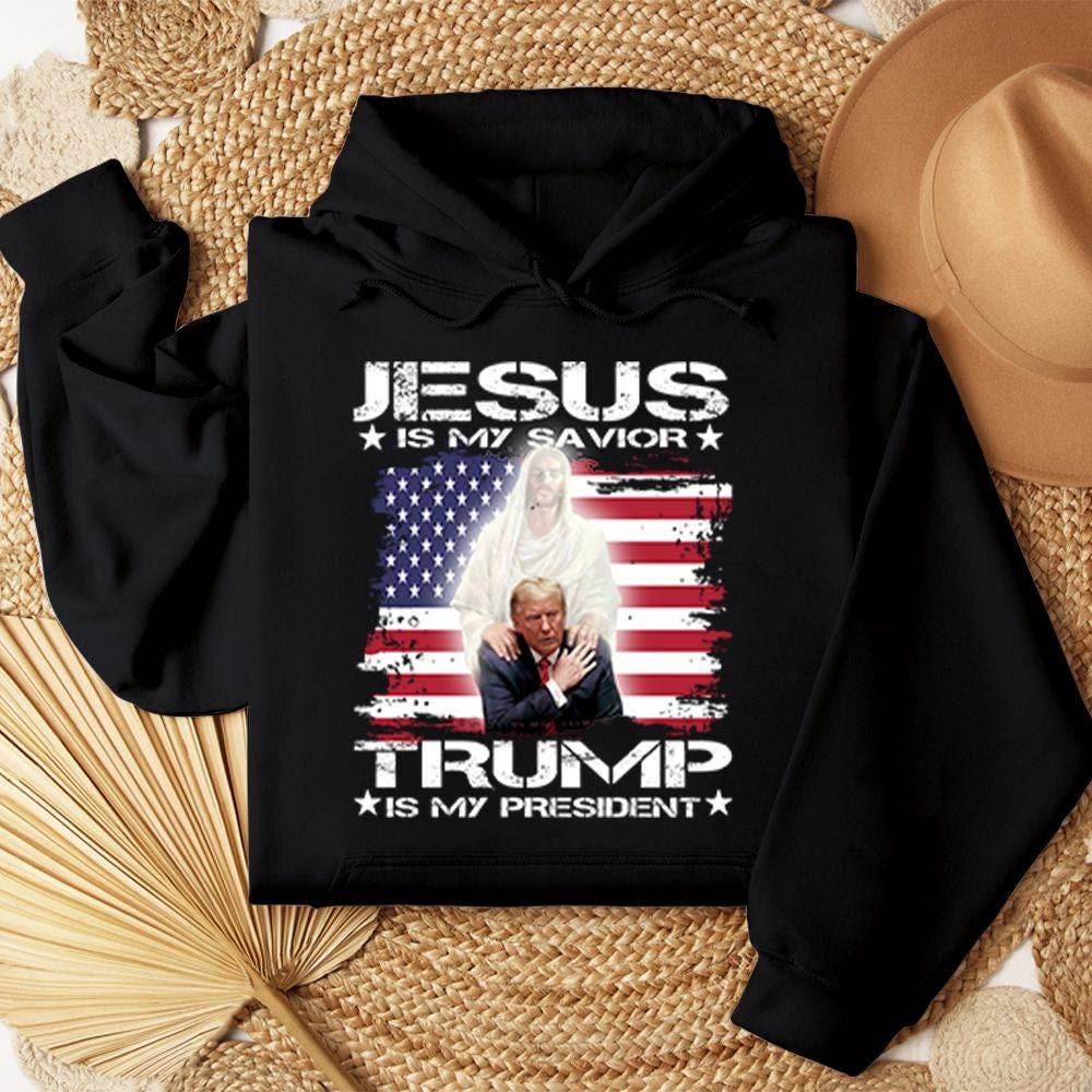 Jesus Is My Savior Trump Is My President 2024 Apparel Unisex T-shirt, Sweatshirt, Hoodie, Long Sleeve Tee - T-Shirt, Sweatshirt, Hoodie
