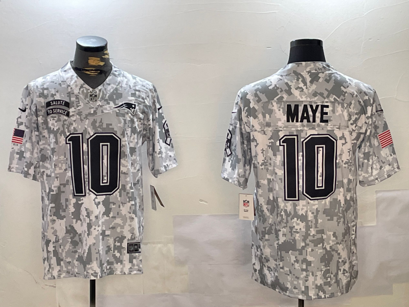 Men's New England Patriots Drake Maye Arctic Camo 2024 Salute to Service Limited Jersey football jersey product view 1