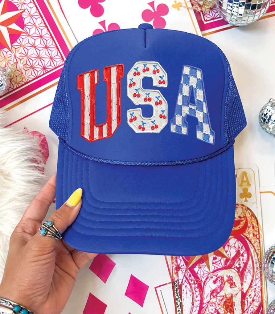 USA Cherries -  Foam Otto Royal Blue Trucker Hat Unisex T-shirt, Sweatshirt, Hoodie, Long Sleeve Tee - T-Shirt, Sweatshirt, Hoodie