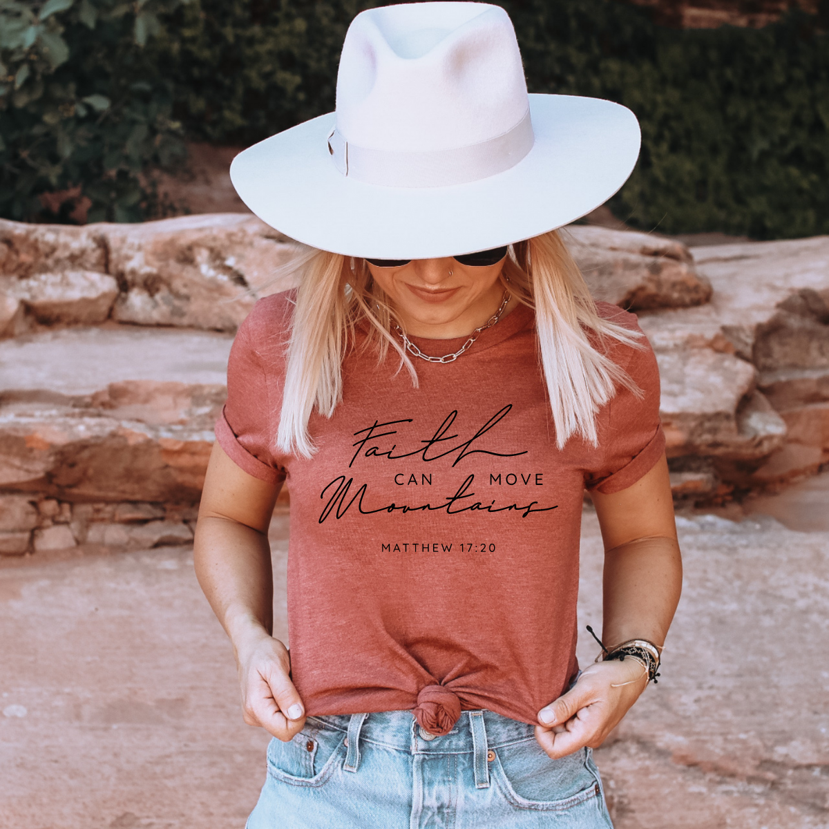 Faith Can Move Mountains Bible Verse Tee - Crew or V-Neck Unisex T-shirt, Sweatshirt, Hoodie, Long Sleeve Tee - T-Shirt, Sweatshirt, Hoodie