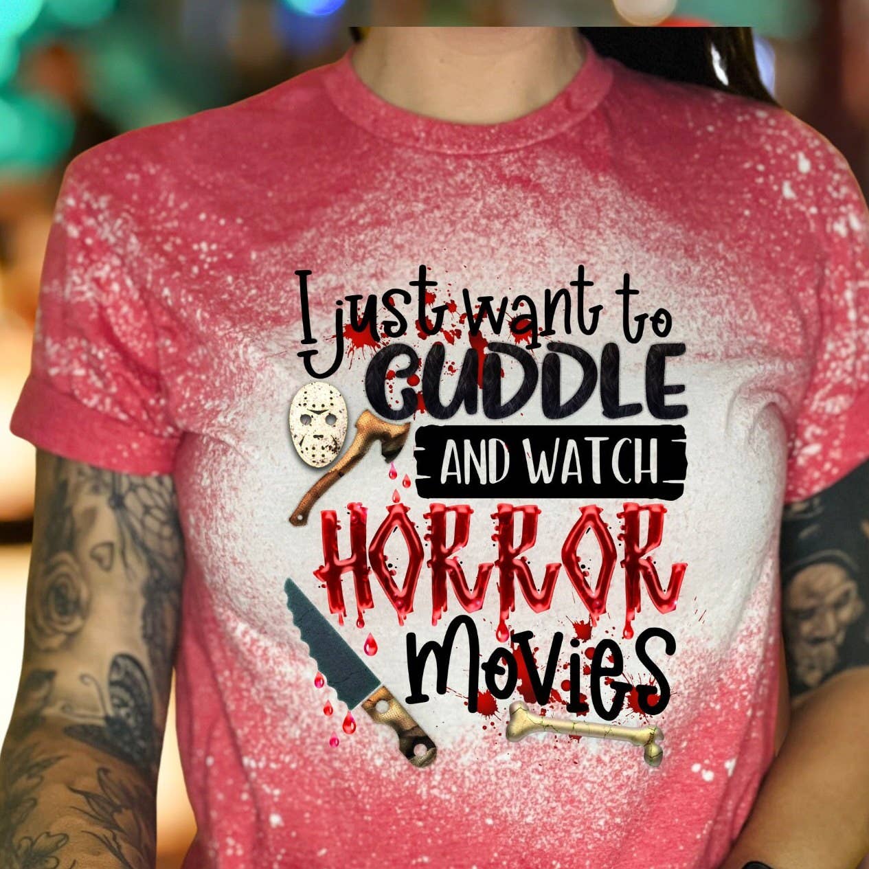 Cuddle & Watch Horror Movies Bleached Halloween Shirt Unisex T-shirt, Sweatshirt, Hoodie, Long Sleeve Tee - T-Shirt, Sweatshirt, Hoodie