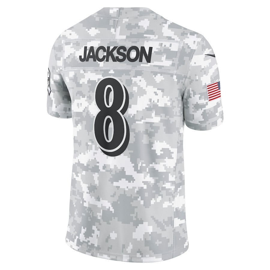 Lamar Jackson 8 Baltimore Ravens 2024 Salute to Service Limited Men Jersey - Arctic Camo football jersey product view 3