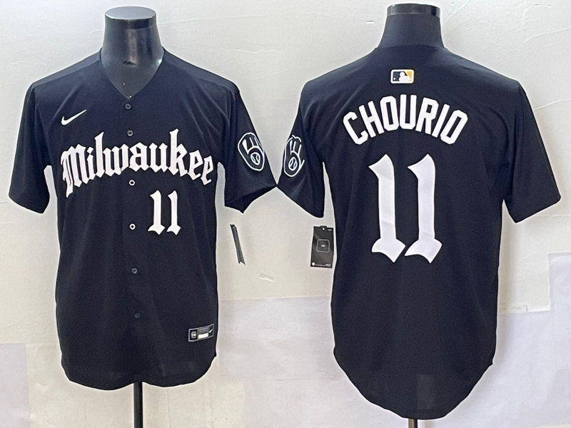 Men's Milwaukee Brewers Jackson Chourio Black Replica Team Jersey baseball jersey product view 1