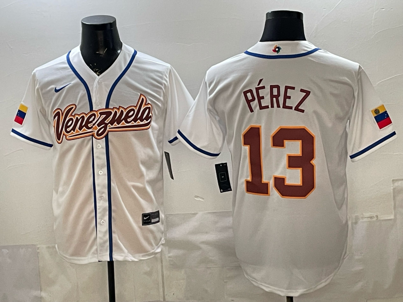 Men's Venezuela Baseball Salvador Perez #13 White 2026 World Baseball Classic Stadium Jersey baseball jersey product view 1