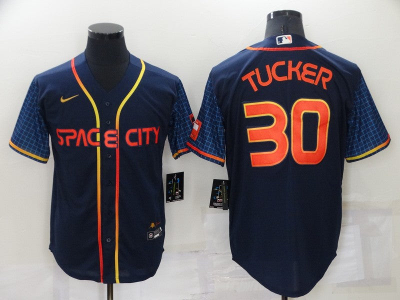 Men's Houston Astros Kyle Tucker Navy Space City Jersey baseball jersey product view 1