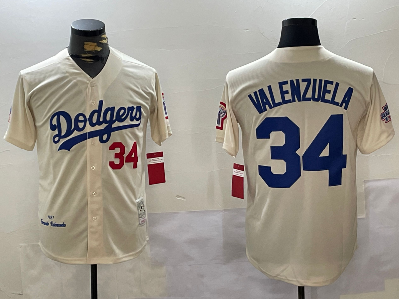 Men's Los Angeles Dodgers Fernando Valenzuela Cream 1981 World Series Baseball Jersey baseball jersey product view 1