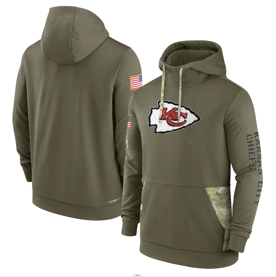 Men's Kansas City Chiefs Olive 2022 Salute to Service Therma Performance Pullover Hoodie football jersey product view 1