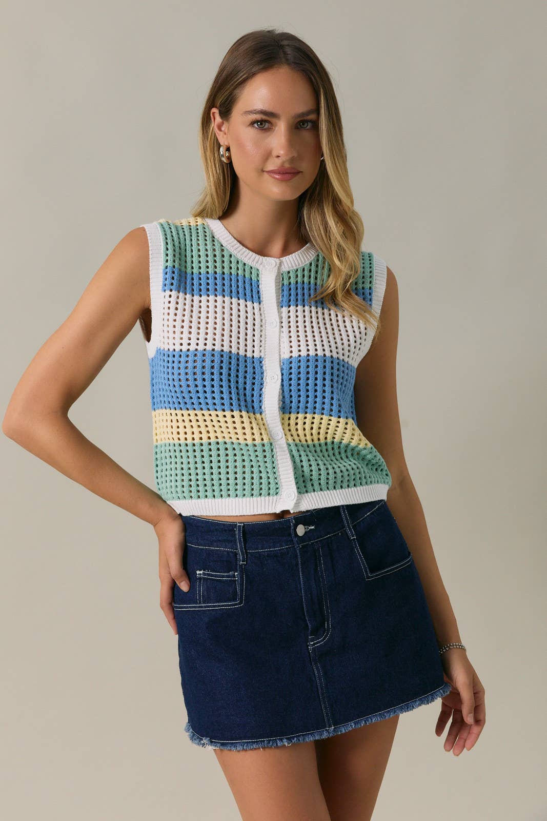 Round Neck Sleeveless Open Knit Button Down Color Block Top Unisex T-shirt, Sweatshirt, Hoodie, Long Sleeve Tee - T-Shirt, Sweatshirt, Hoodie
