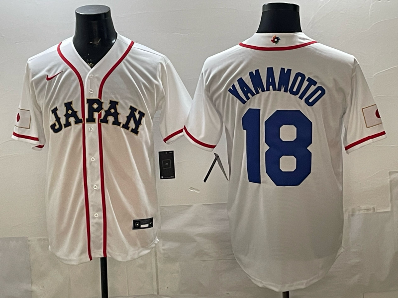 Men's Japan Baseball Yoshinobu Yamamoto #18 White 2026 World Baseball Classic Stadium Jersey baseball jersey product view 1