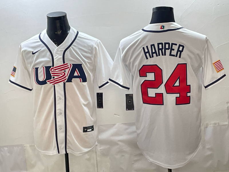 Men's USA Baseball Bryce Harper #24 White 2026 World Baseball Classic Stadium Jersey baseball jersey product view 1