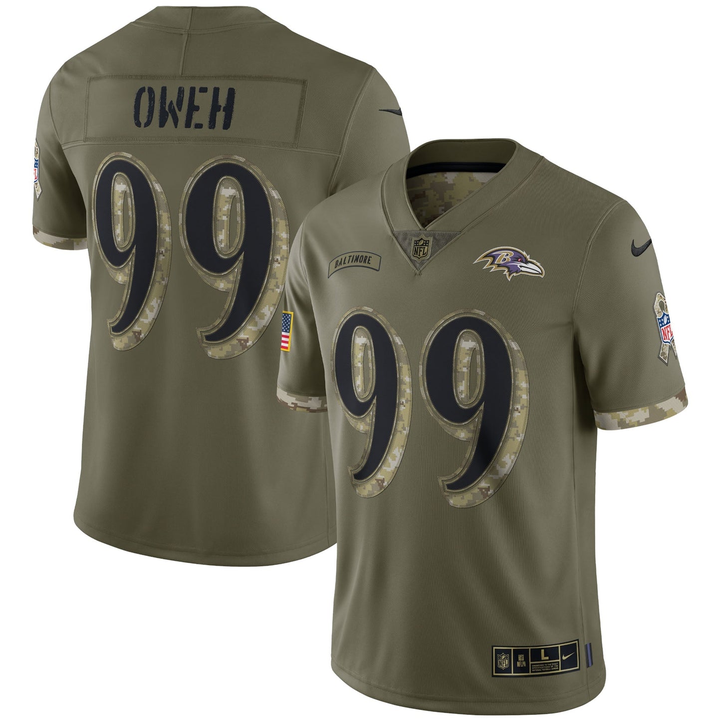 Odafe Oweh Baltimore Ravens 2022 Salute To Service Limited Jersey - Olive football jersey product view 1