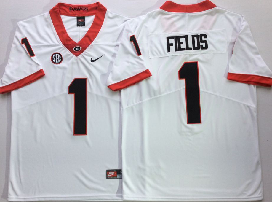Men's Georgia Bulldogs Justin Fields #1 White Player Game Jersey sports jersey product view 1