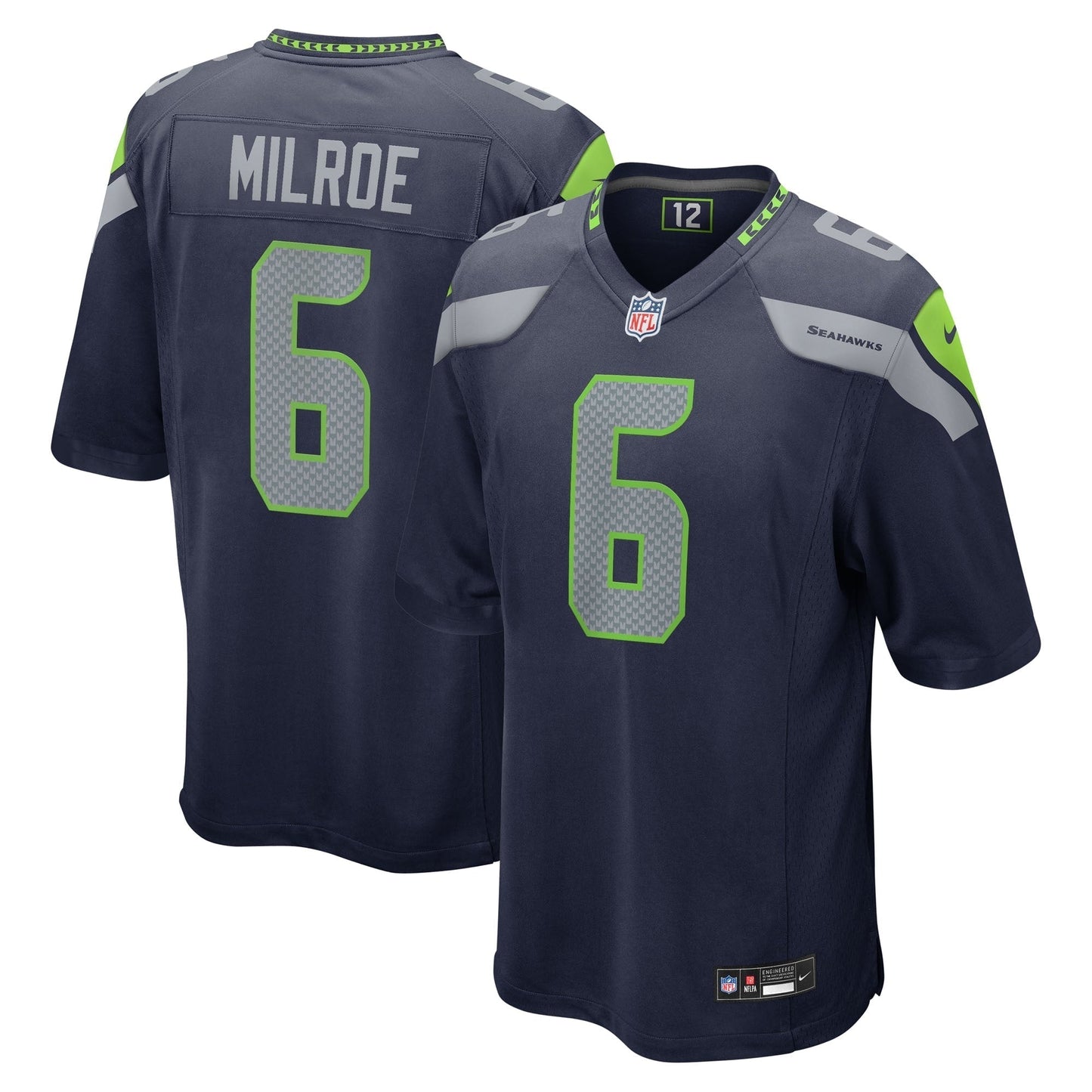 Men's Seattle Seahawks Jalen Milroe College Navy 2025 NFL Draft Game Jersey football jersey product view 1