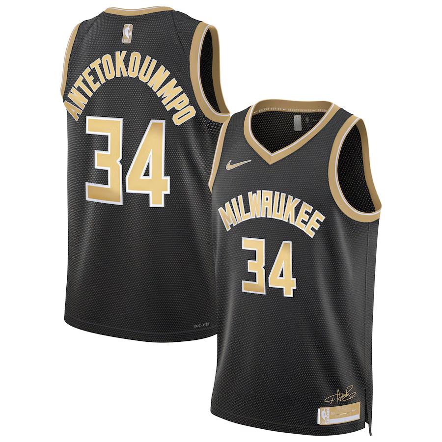 24 Bucks #34 Antetokounmpo Black and Gold Jersey sports jersey product view 1