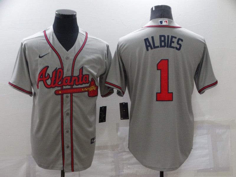 Men's Atlanta Braves Ozzie Albies #1 Gray Replica Player Jersey baseball jersey product view 1
