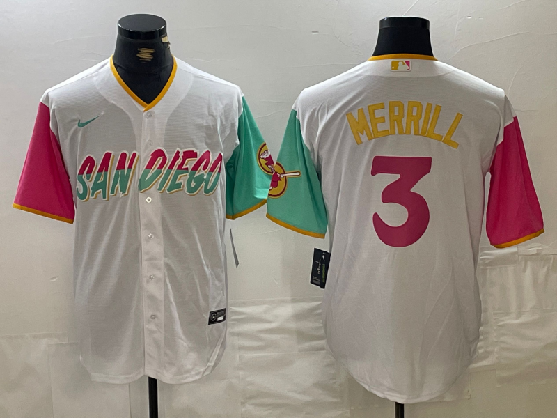 Men's San Diego Padres Jackson Merrill #3 White City Connect Replica Player Jersey1 baseball jersey product view 1