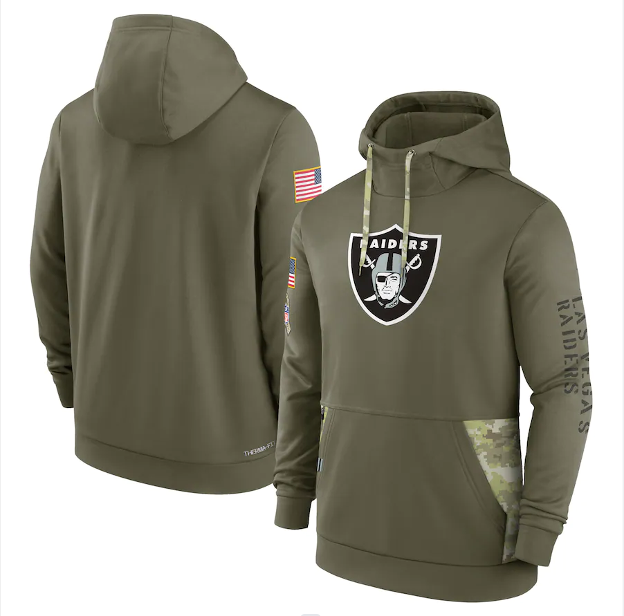 Men's Las Vegas Raiders Olive 2022 Salute to Service Therma Performance Pullover Hoodie football jersey product view 1