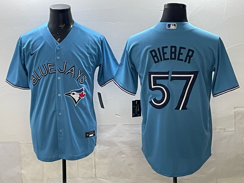 Men's Toronto Blue Jays Shane Bieber Powder Blue Player Jersey baseball jersey product view 1