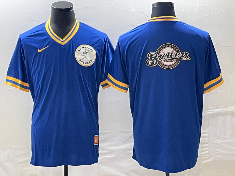 Men's Milwaukee Brewers Blue Road Cooperstown Collection Team Jersey baseball jersey product view 1
