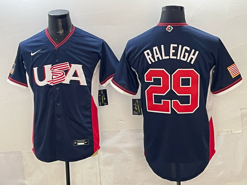 Men's USA Baseball Cal Raleigh #29 Navy 2026 World Baseball Classic Stadium Jersey baseball jersey product view 1