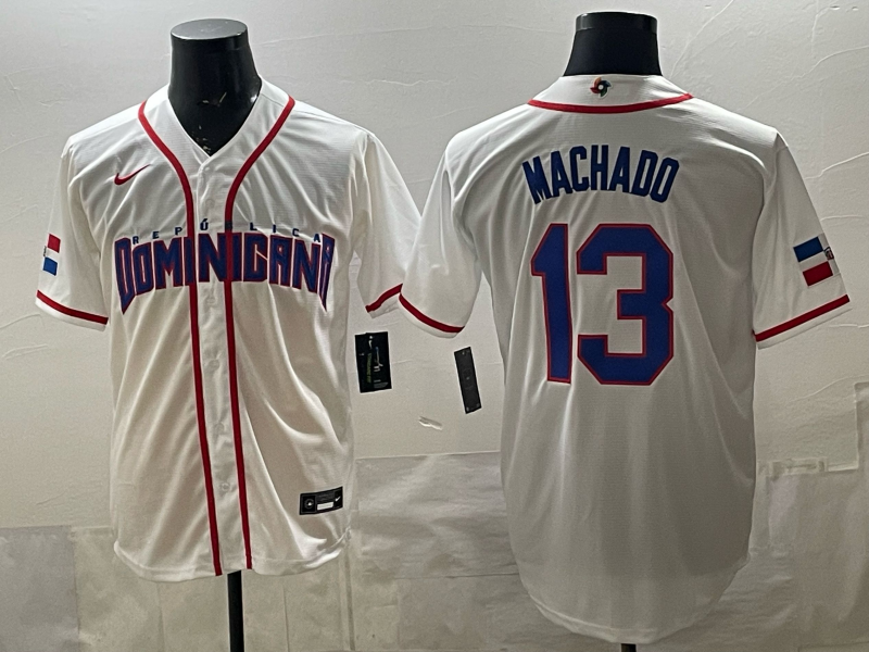 Men's Dominican Republic Baseball Manny Machado #13 White 2026 World Baseball Classic Stadium Jersey baseball jersey product view 1