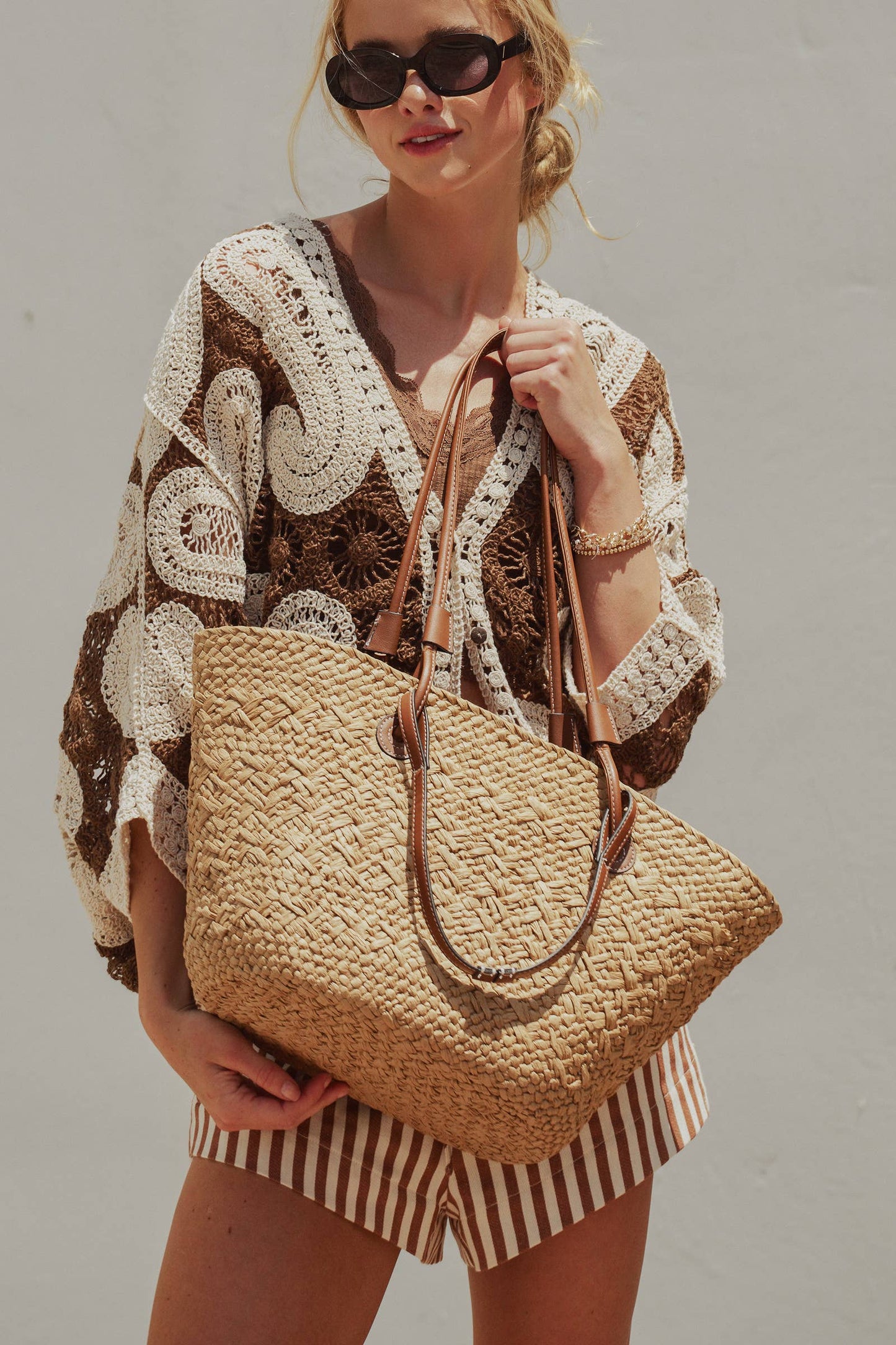 Woven Straw Market Tote Bag with Leather Straps Unisex T-shirt, Sweatshirt, Hoodie, Long Sleeve Tee - T-Shirt, Sweatshirt, Hoodie