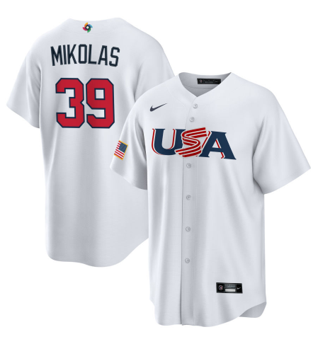 Men's 2023 World Baseball Classic #39 Miles Mikolas USA White Jersey1 baseball jersey product view 1
