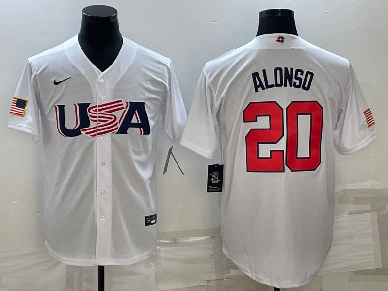 Men's 2023 World Baseball Classic Pete Alonso USA White Jersey baseball jersey product view 1