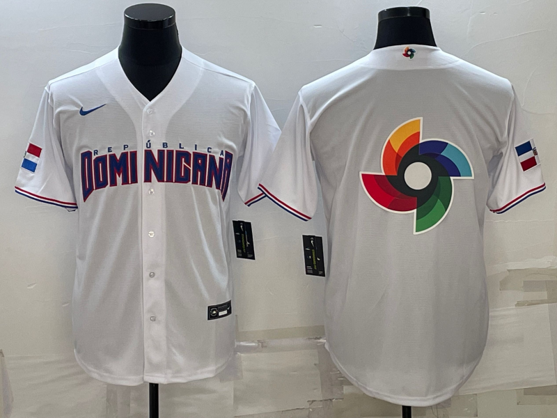 Men's 2023 World Baseball Classic Dominican Republic White Jersey1 baseball jersey product view 1