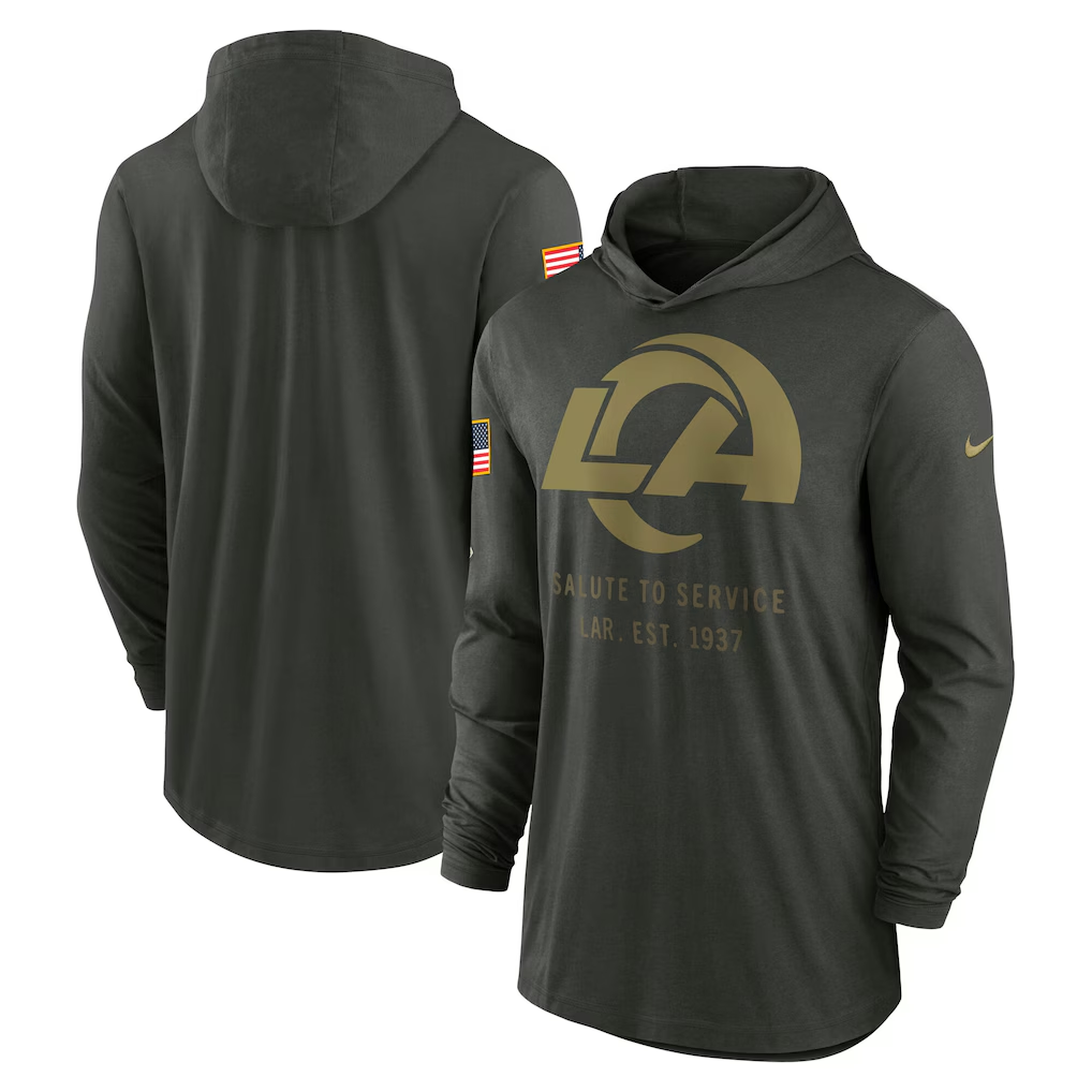 Men's Los Angeles Rams Forest Green 2025 Salute to Service Sideline Dri-FIT Lightweight Hooded Pullover football jersey product view 1