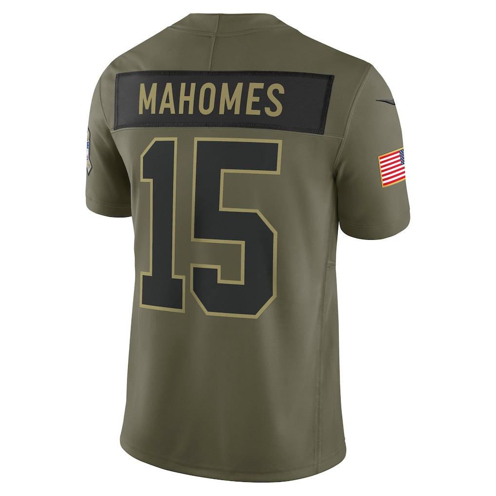 KC.Chiefs #15 Patrick Mahomes Olive 2025 Salute to Service Limited Jersey football jersey product view 1