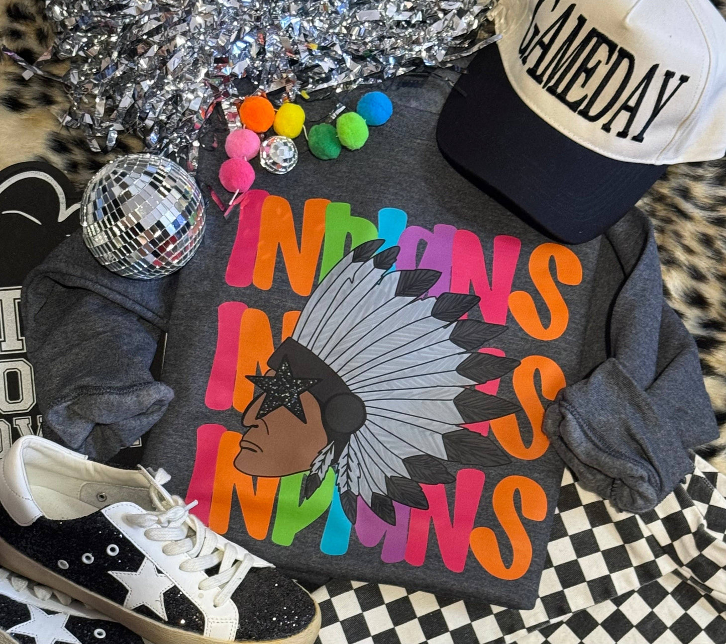Indians Neon Mascot Sweatshirt Unisex T-shirt, Sweatshirt, Hoodie, Long Sleeve Tee - T-Shirt, Sweatshirt, Hoodie