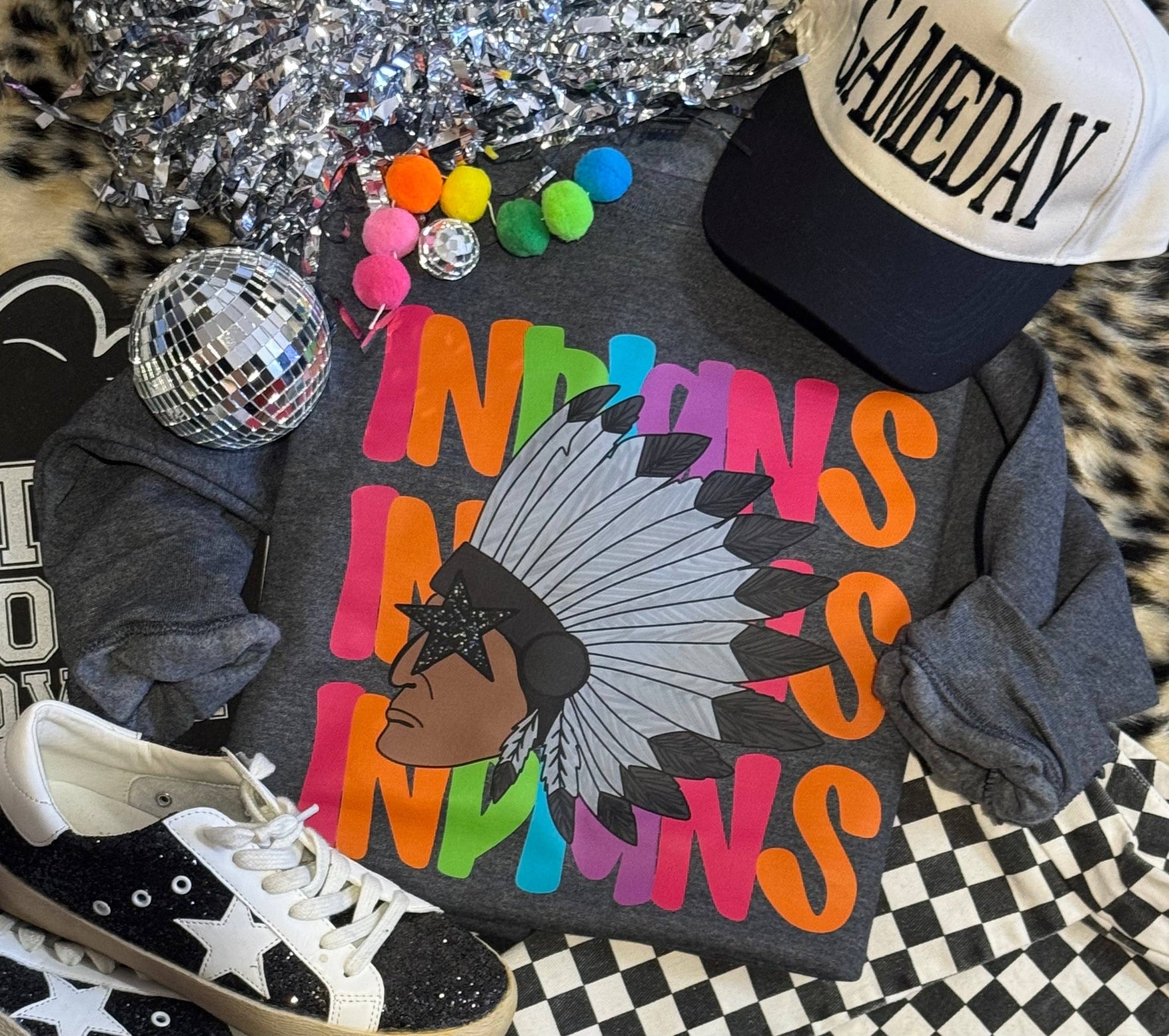 Indians Neon Mascot Sweatshirt Unisex T-shirt, Sweatshirt, Hoodie, Long Sleeve Tee - T-Shirt, Sweatshirt, Hoodie