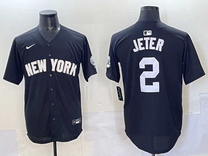 Men's New York Yankees Derek Jeter #2 Black Lights Out Replica Player Jersey baseball jersey product view 1