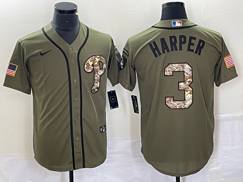 Men's Philadelphia Phillies Bryce Harper #3 Army Green Replica Player Jersey baseball jersey product view 1